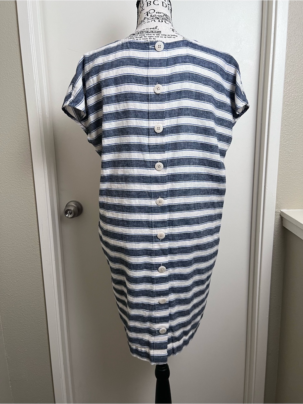 Madewell Linen Blend Striped Shift Dress Pockets Blue White Medium - Picture 5 of 8